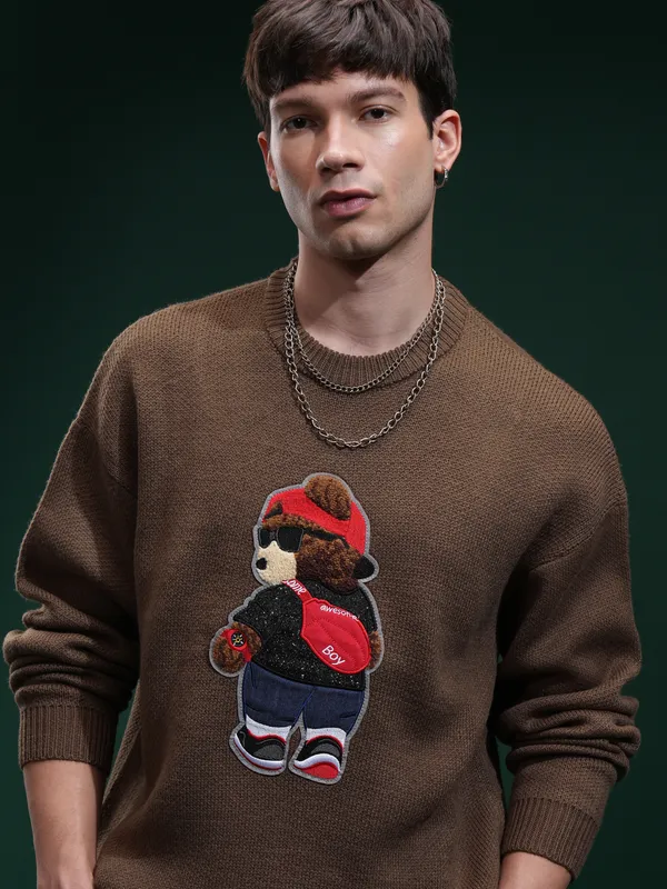 Highlander Men Brown Round Neck Pullover Sweater