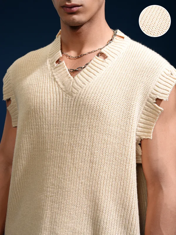 Highlander Men White V-Neck Sweater Vest Sweater