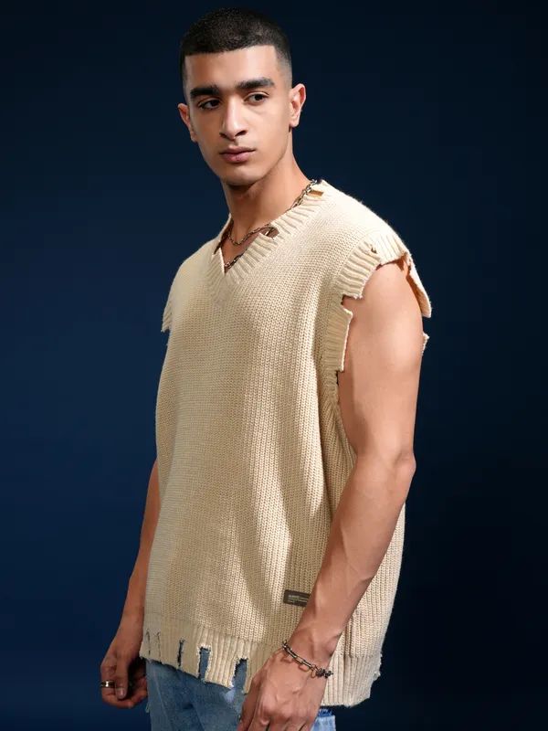 Highlander Men White V-Neck Sweater Vest Sweater