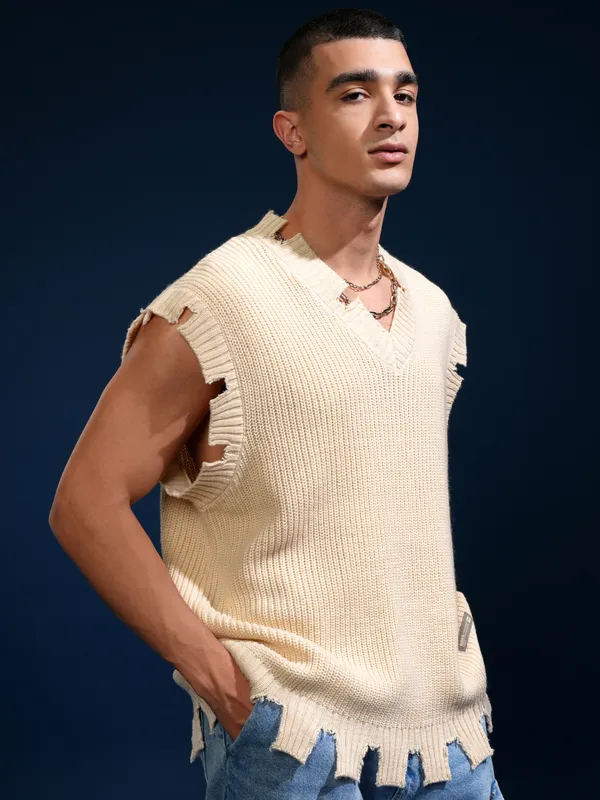 Highlander Men White V-Neck Sweater Vest Sweater