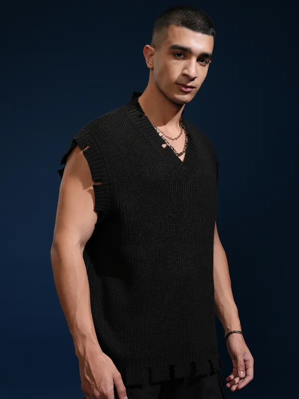 Highlander Men Black V-Neck Sweater Vest Sweater
