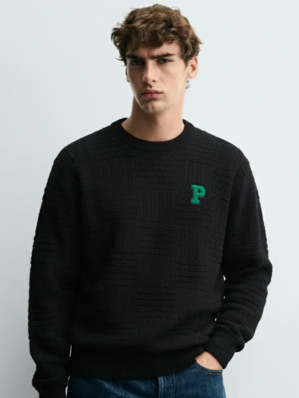 Highlander Men Black Round Neck Pullover Sweater