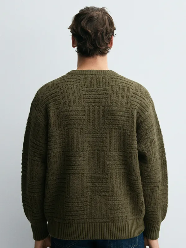 Highlander Men Olive Round Neck Pullover Sweater