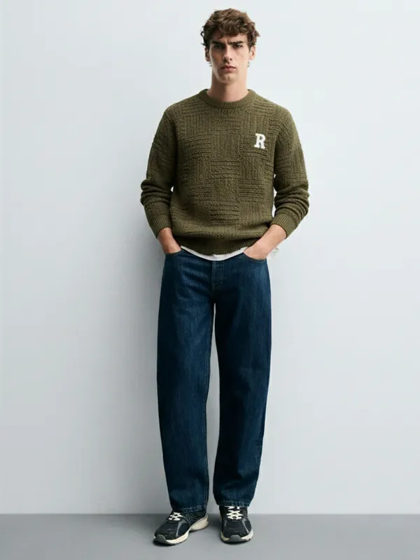 Highlander Men Olive Round Neck Pullover Sweater