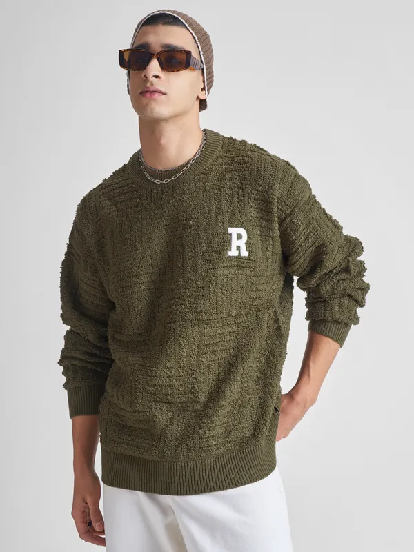Highlander Men Olive Round Neck Pullover Sweater
