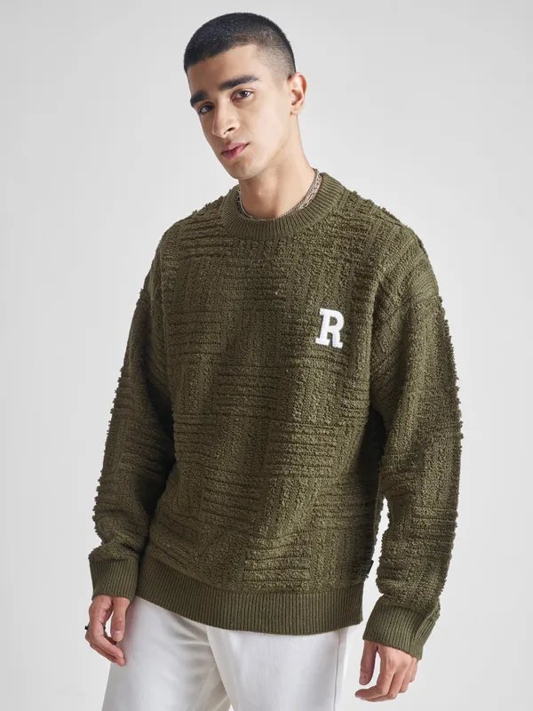 Highlander Men Olive Round Neck Pullover Sweater