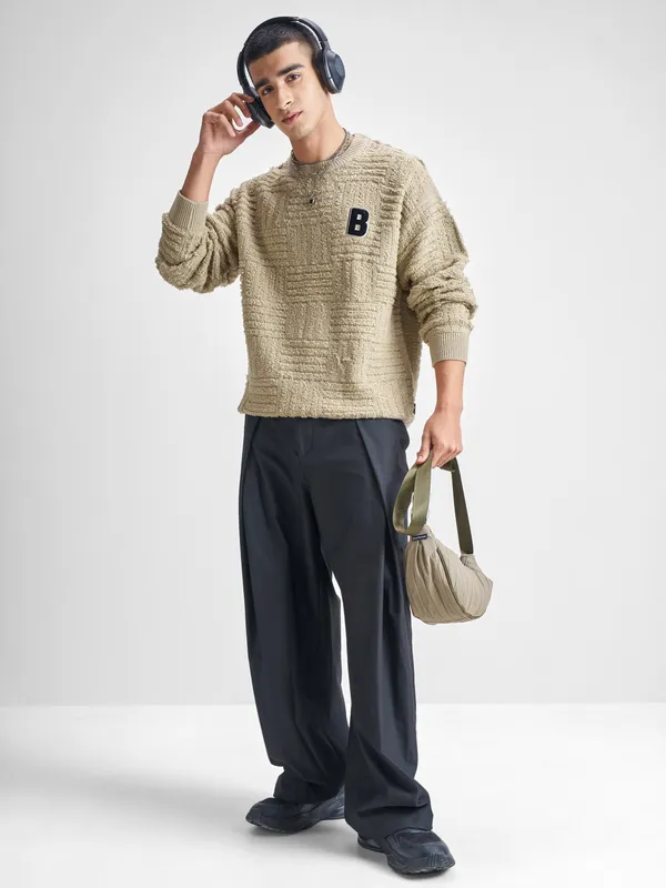 Highlander Men Beige Round Neck Pullover Sweater