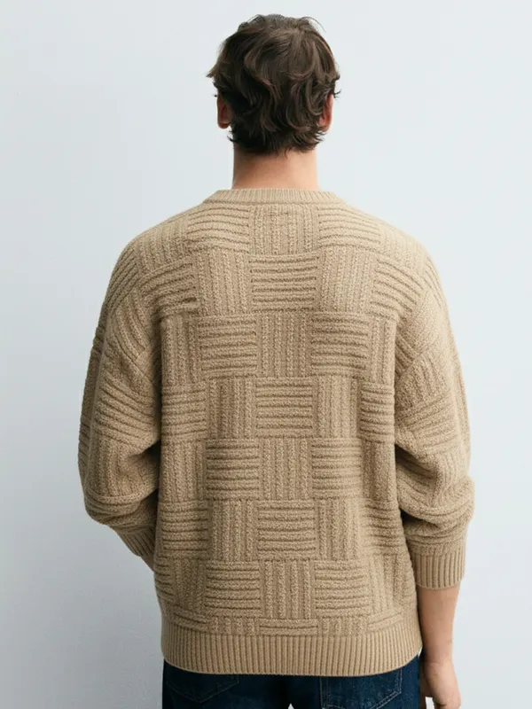 Highlander Men Beige Round Neck Pullover Sweater