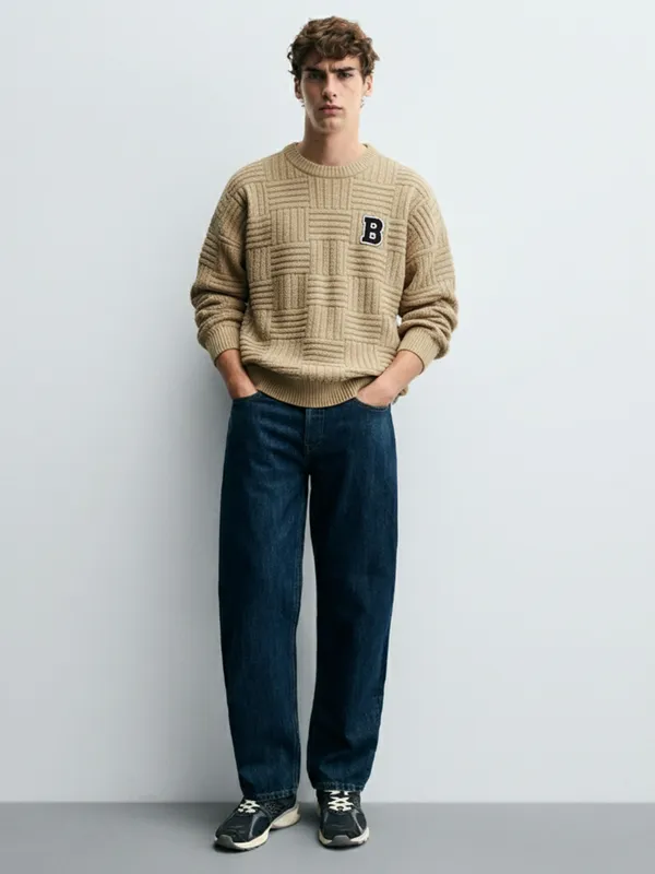 Highlander Men Beige Round Neck Pullover Sweater