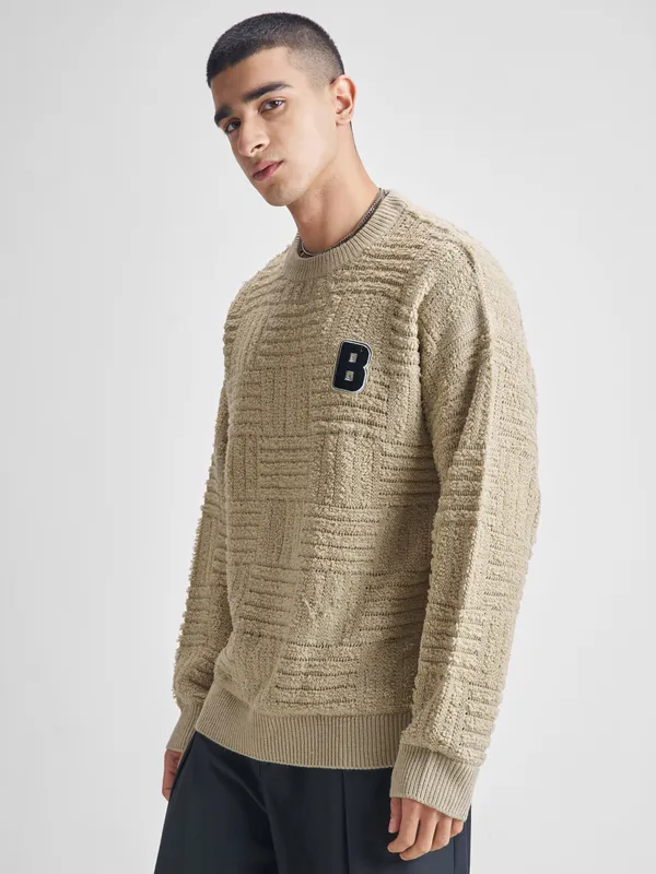 Highlander Men Beige Round Neck Pullover Sweater