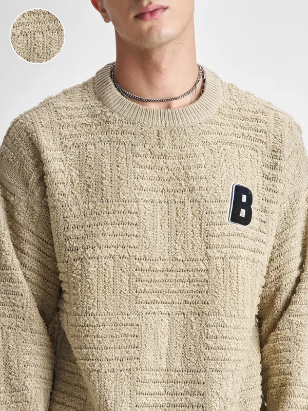 Highlander Men Beige Round Neck Pullover Sweater