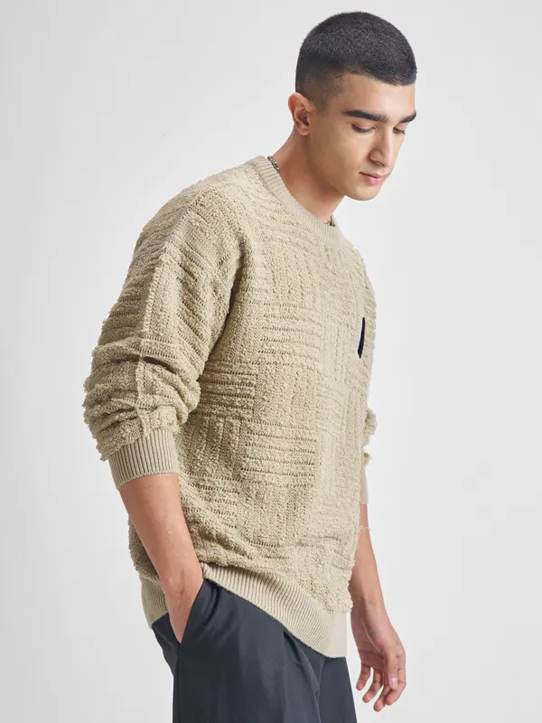 Highlander Men Beige Round Neck Pullover Sweater