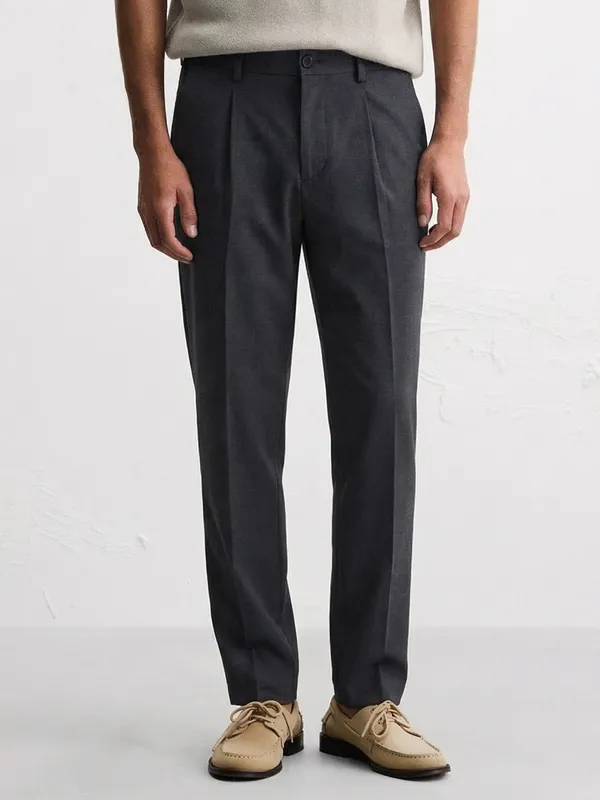 Highlander Men Navy Blue Slim Fit Solid Formal Trouser