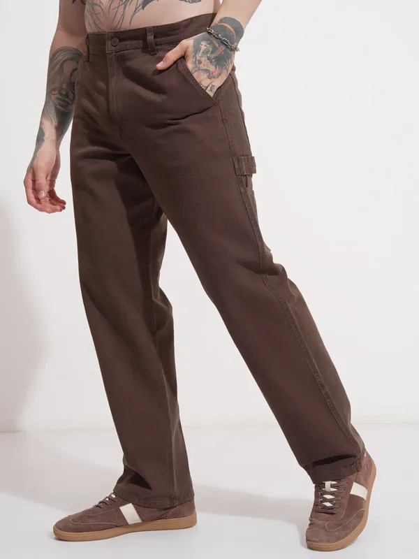 Highlander Men Brown Straight Fit Solid Casual Trouser