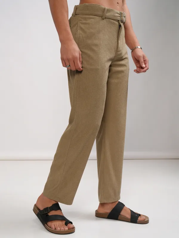 Highlander Men Beige Relaxed Fit Self Design Casual Trouser