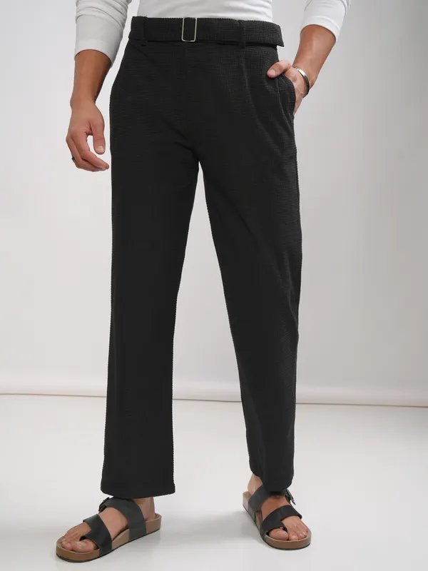 Highlander Men Black Relaxed Fit Self Design Casual Trouser