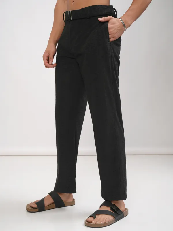 Highlander Men Black Relaxed Fit Self Design Casual Trouser