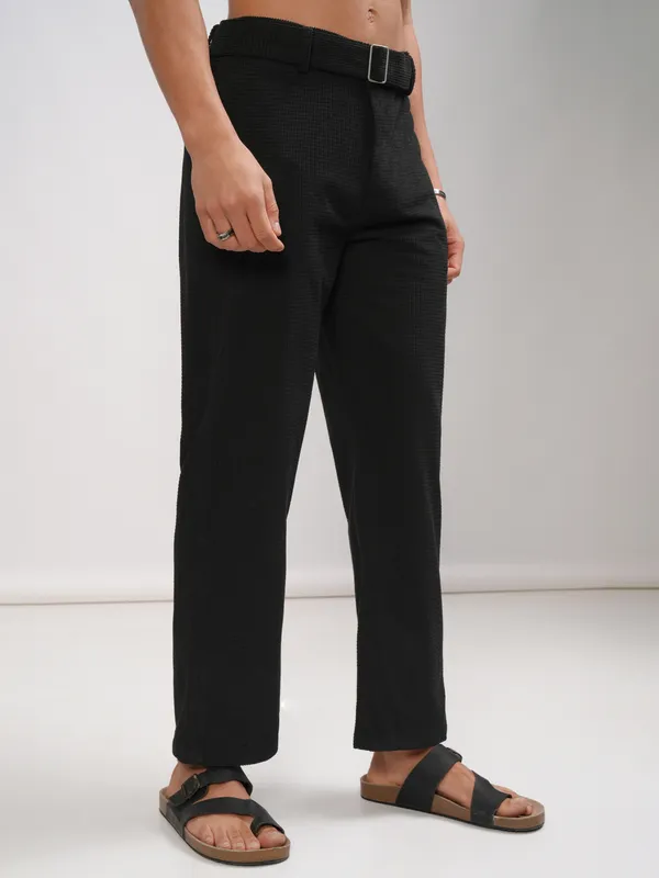 Highlander Men Black Relaxed Fit Self Design Casual Trouser