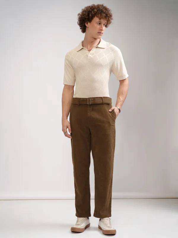 Highlander Men Brown Relaxed Fit Solid Korean Pants