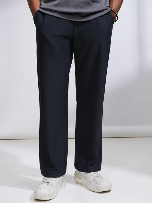 Highlander Men Navy Blue Straight Fit Solid Casual Trouser
