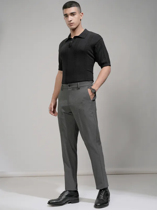 Highlander Men Charcoal Slim Fit Solid Formal Trouser