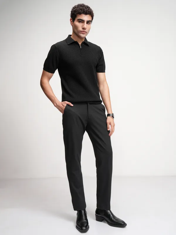 Highlander Men Charcoal Slim Fit Checked Formal Trouser
