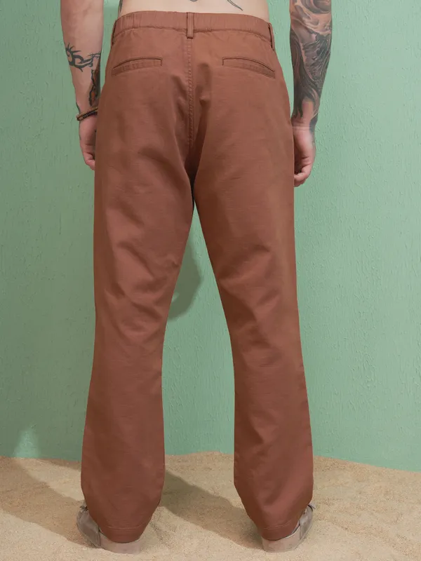 Highlander Men Rust Straight Fit Solid Casual Trouser