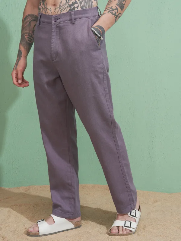 Highlander Men Purple Straight Fit Solid Casual Trouser