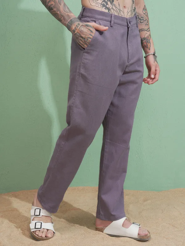 Highlander Men Purple Straight Fit Solid Casual Trouser