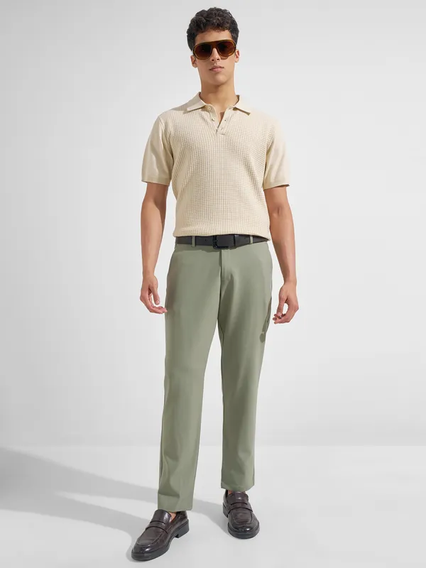 Highlander Men Olive Slim Fit Solid Formal Trouser