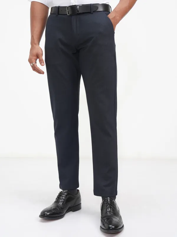 Highlander Men Navy Blue Slim Fit Checked Casual Trouser