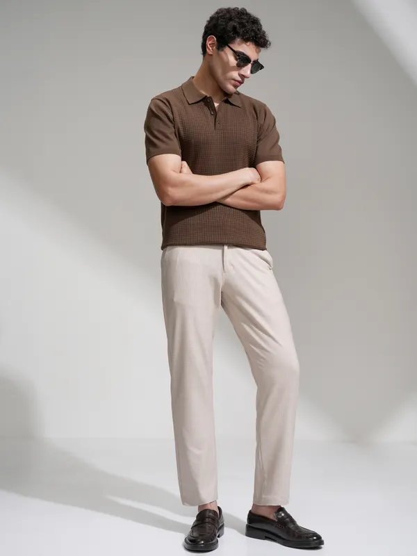 Highlander Men Beige Slim Fit Checked Casual Trouser