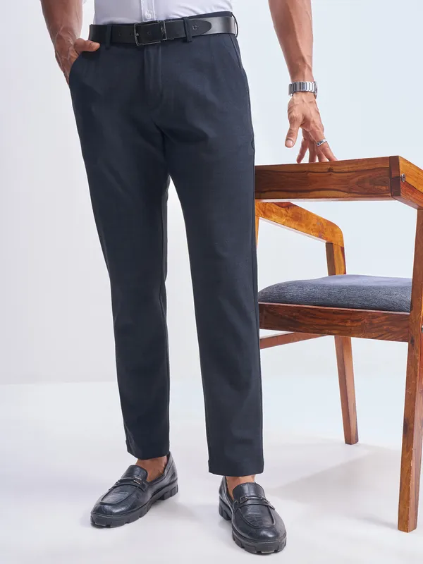 Highlander Men Navy Blue Slim Fit Checked Formal Trouser