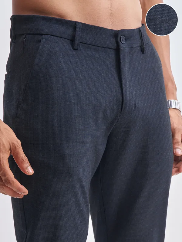 Highlander Men Navy Blue Slim Fit Checked Formal Trouser