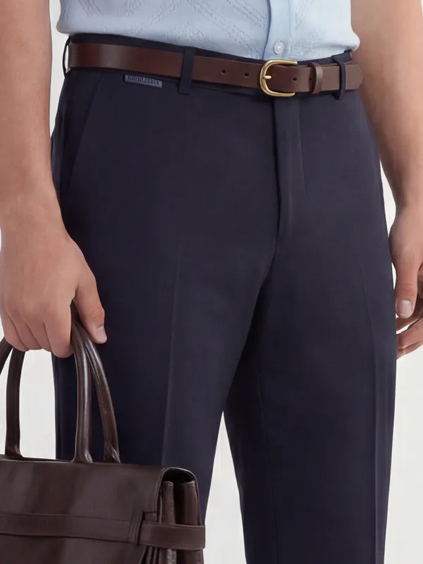 Highlander Men Navy Blue Slim Fit Solid Formal Trouser