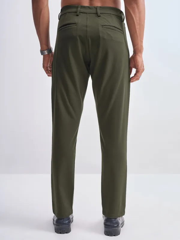 Highlander Men Olive Slim Fit Solid Formal Trouser