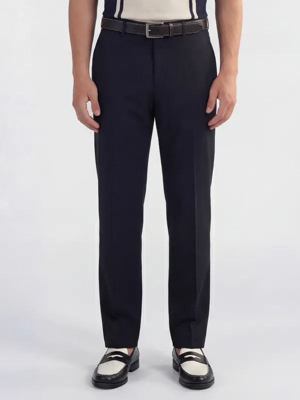 Highlander Men Navy Blue Slim Fit Solid Formal Trouser