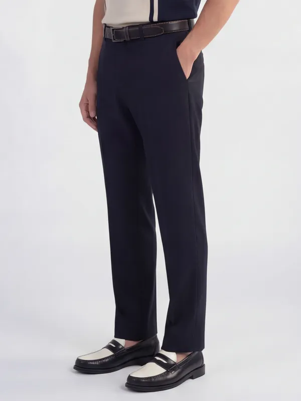 Highlander Men Navy Blue Slim Fit Solid Formal Trouser