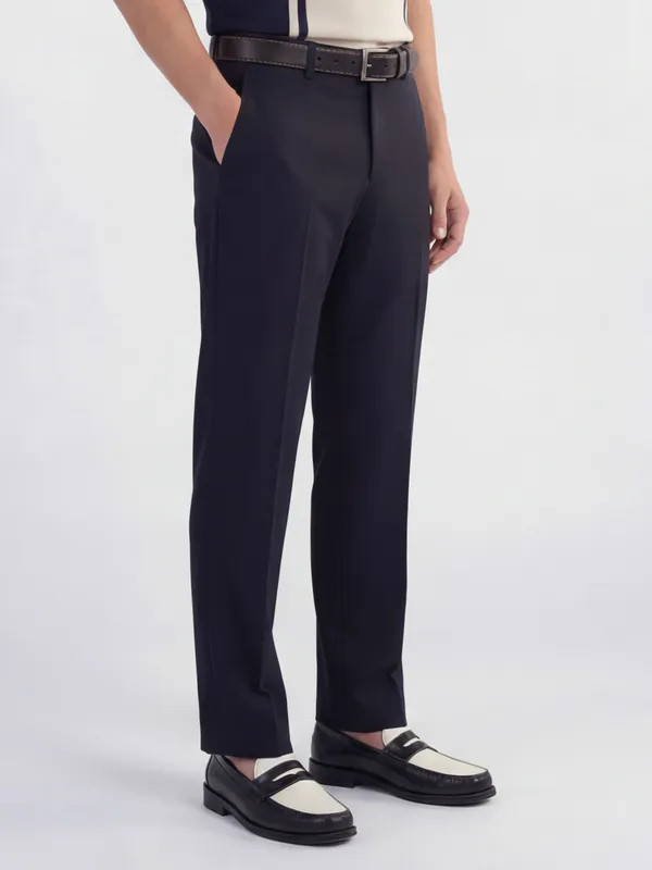 Highlander Men Navy Blue Slim Fit Solid Formal Trouser