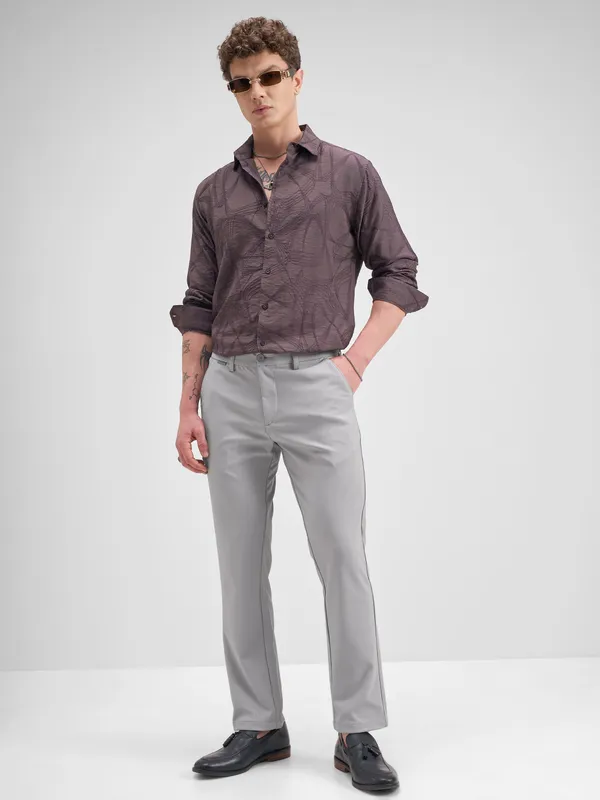 Highlander Men Grey Slim Fit Solid Formal Trouser