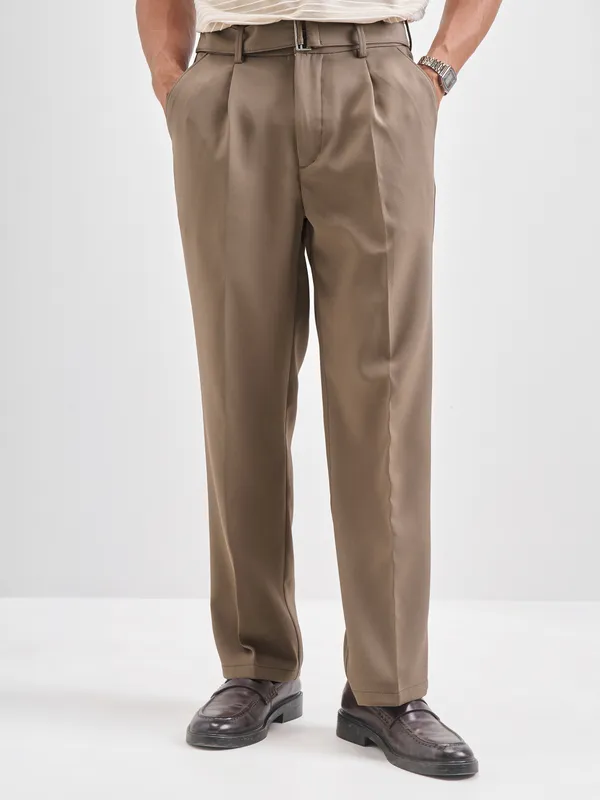 Highlander Men Tan Solid Formal Trouser