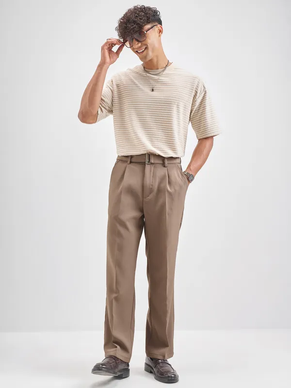 Highlander Men Tan Solid Formal Trouser