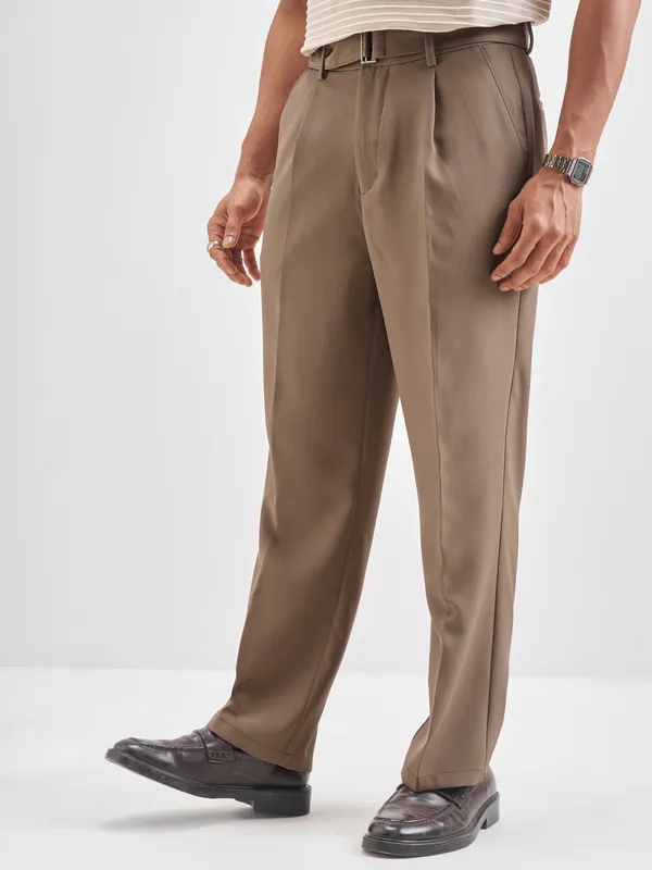 Highlander Men Tan Solid Formal Trouser