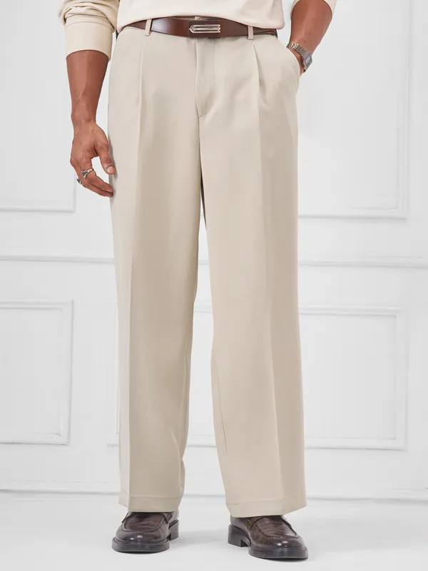 Highlander Men Beige Wide Leg Solid Regular Trouser
