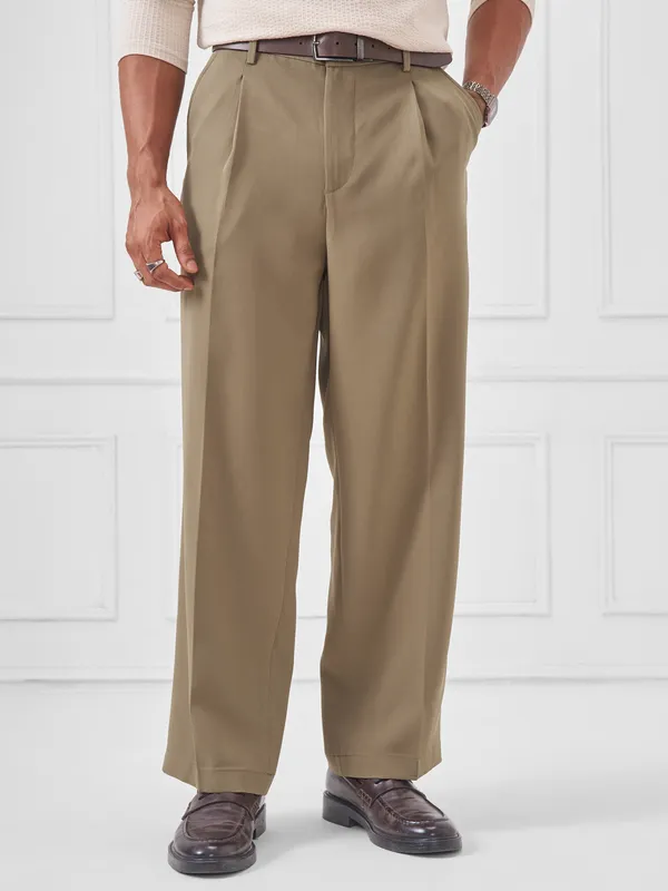 Highlander Men Taupe Wide Leg Solid Regular Trouser