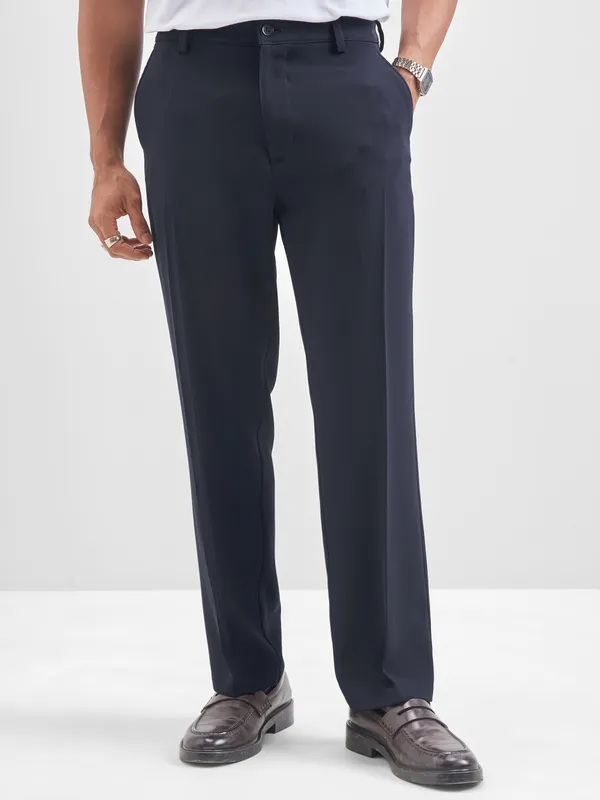 Highlander Men Navy Blue Solid Regular Trouser