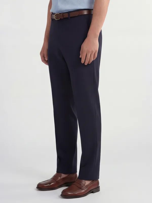 Highlander Men Navy Blue Slim Fit Solid Formal Trouser