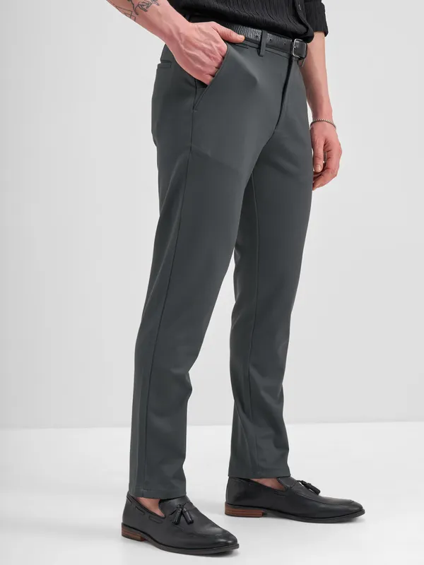 Highlander Men Charcoal Slim Fit Solid Formal Trouser