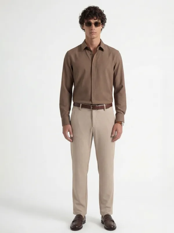 Highlander Men Beige Slim Fit Solid Formal Trouser