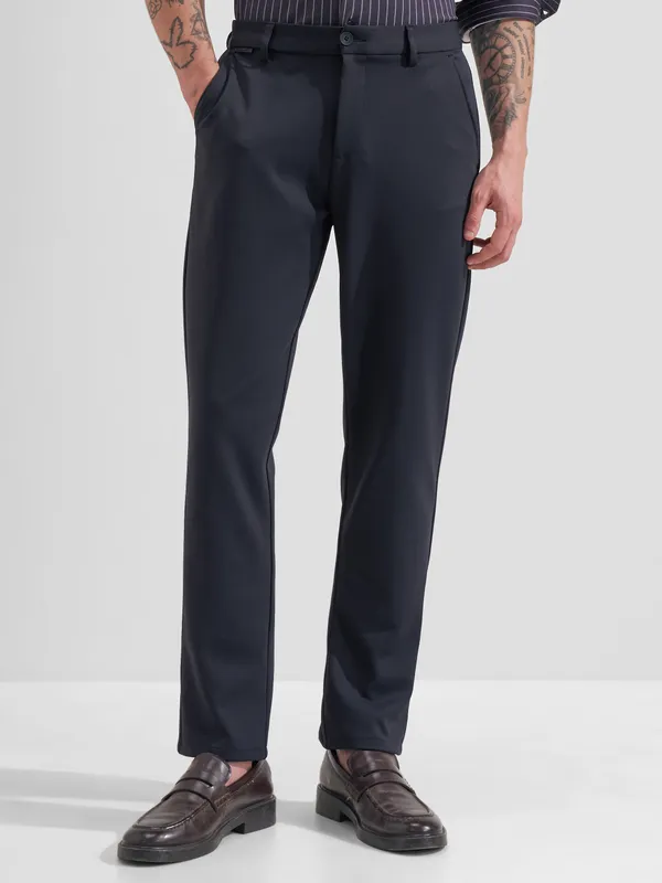 Highlander Men Navy Blue Slim Fit Solid Formal Trouser